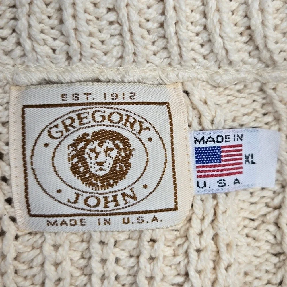 Vintage 80s Mens Cable Knit Sweater XL Cream Cotton Made in USA Chunky Fisherman